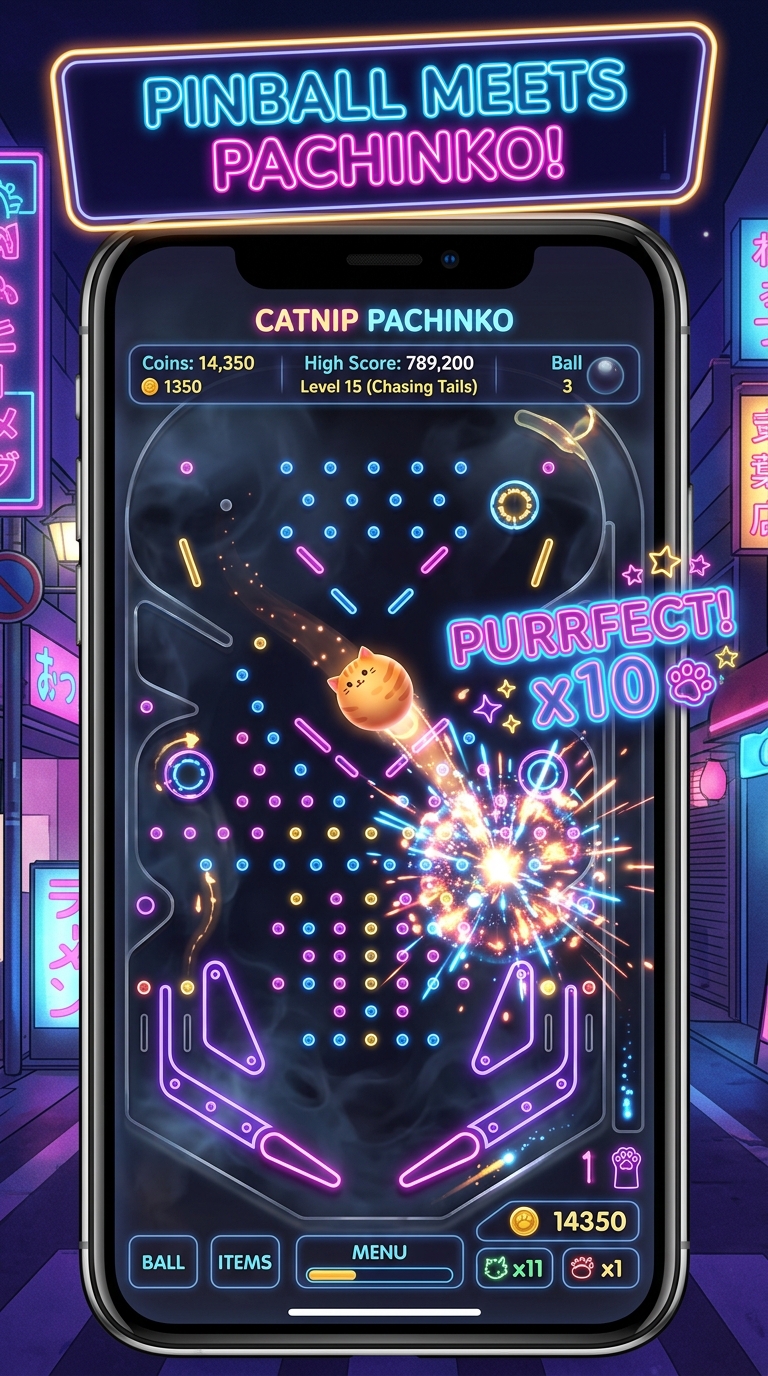 Catnip Pachinko promotional art: two cats bouncing through a neon pachinko board