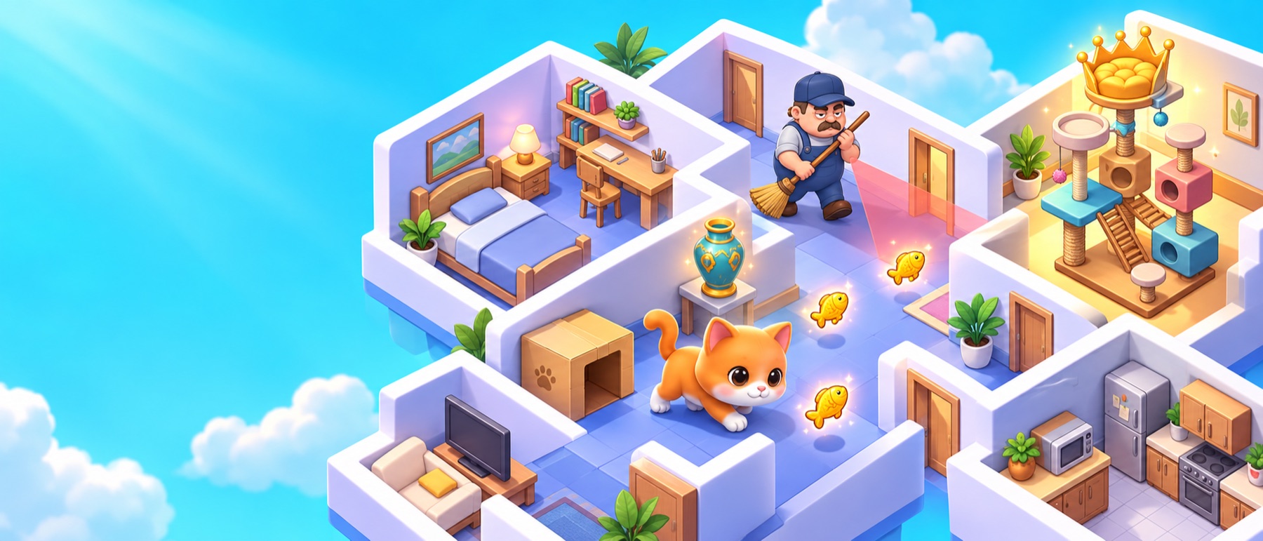 Sneakitty Cat explores a colorful house while avoiding the caretaker