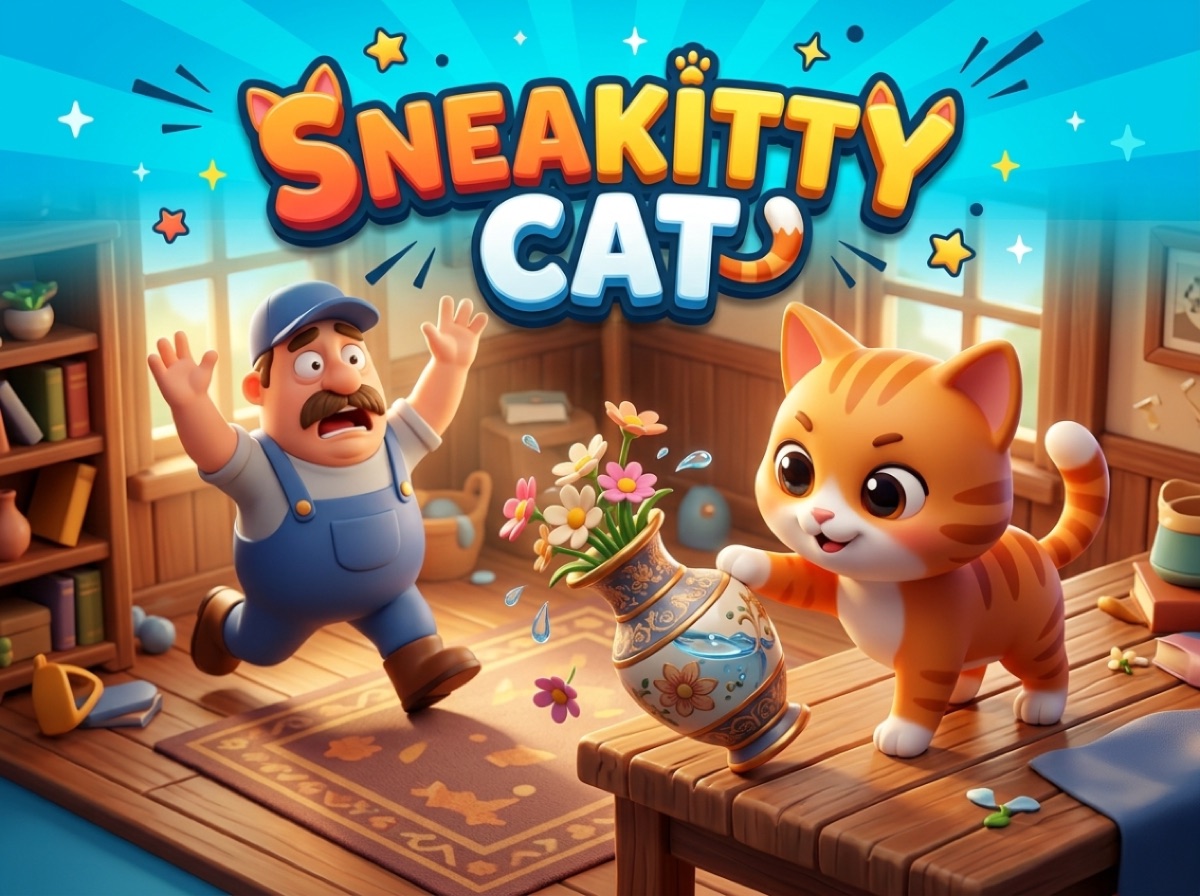 Sneakitty Cat key art: a curious orange cat and a startled caretaker